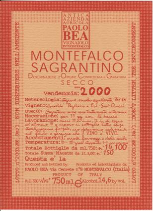 Montefalco Sagrantino Secco DOCG. Azienda Agricola Paolo Bea, Montefalco, Umbria, Italy